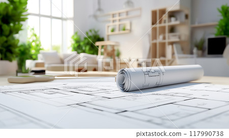 Architectural drawing design plan blueprint on the table in the home office. Architect's work on table in studio. for building construction plan 117990738