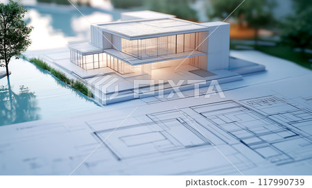architectural white model of house on desk with drawing equipment tools and blueprint rolls, for building construction plan, interior designer and architect work concept. 117990739
