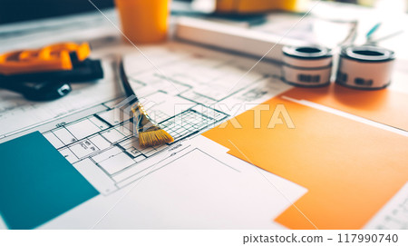 Architectural drawing design plan blueprint on the table in the home office. Architect's work on table in studio. for building construction plan 117990740