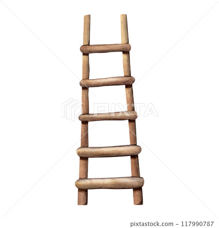 Watercolor wooden ladder. Gardening tool. Hand drawn illustration isolated on white background. Watercolor wooden ladder. Gardening tool. Hand drawn illustration isolated on white background. 117990787