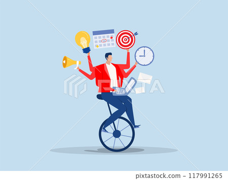 Businessman performing multitasking work Productive master, businessman riding unicycle juggling elements, laptop, calendar, ideas and emails.project management skill 117991265