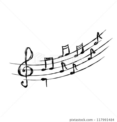 Music note. Simple sound sheet drawing. Black and white doodle melody tone and music key. Creative retro musical song. Musical sketch design 117991484