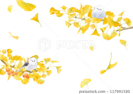 A watercolor illustration of a yellow ginkgo tree and a wild bird (long-tailed tit). The frame is decorated with ginkgo branches extending from both sides. 117991580
