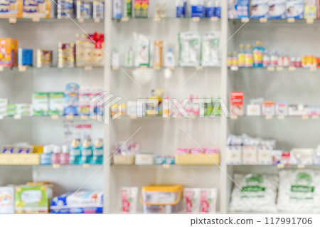 Pharmacy drugstore shelves interior blur medical background 117991706