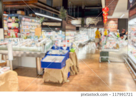 supermarket grocery store aisle and shelves blurred background 117991721