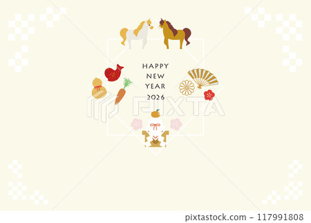 2026年馬年馬年日式插畫新年賀卡明信片素材 117991808