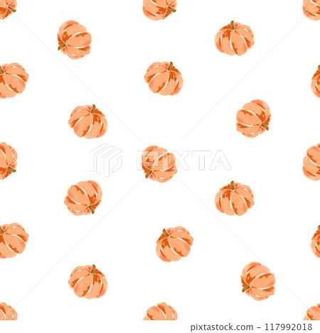 Beautiful autumn seamless pattern with hand drawn gouache pumpkin illustrations. Fall design print. Stock illustration. Beautiful autumn seamless pattern with hand drawn gouache pumpkin illustrations. Fall design print. Stock illustration. 117992018