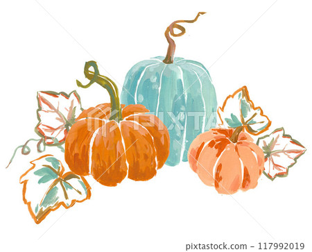 Beautiful autumn composition with hand drawn gouache pumpkin illustrations. Fall design print. Stock illustration. Beautiful autumn composition with hand drawn gouache pumpkin illustrations. Fall design print. Stock illustration. 117992019