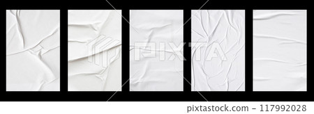 white crumpled and creased glued paper poster set isolated on black background white crumpled and creased glued paper poster set isolated on black background 117992028