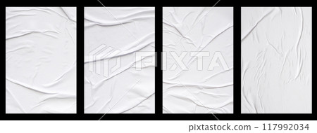 white crumpled and creased glued paper poster set isolated on black background white crumpled and creased glued paper poster set isolated on black background 117992034