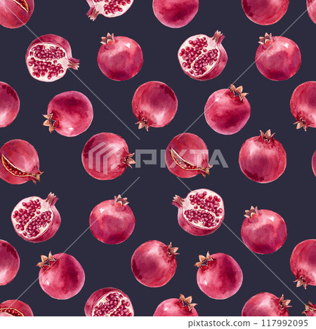 Beautiful seamless pattern with watercolor hand drawn tasty healthy red pomegranate fruits. Stock illustration. Ready print design. 117992095