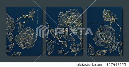 Vector set of line gold art flowers, luxury glitter roses on dark, floral japanese pattern. Card, wallpaper, nature elegant concept, vintage drawing 117992355