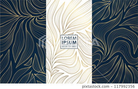 Vector art deco leaf patterns, gold and blue vintage nature graphic. Floral tags, foliage summer texture, luxury royal decor, tropical organic ornament 117992356