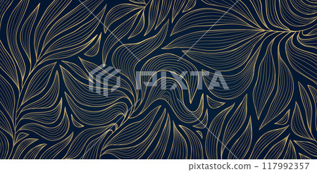Vector leaf luxury wallpaper, floral gold on blue background, art deco line jungle texture. Nature elegant vintage illustration, fancy decoration, classic print 117992357