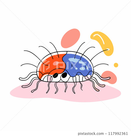 A whimsical vector illustration featuring a cute, multi-legged insect in bright colors. The playful design and cheerful expression make it perfect for childrens media and creative projects. A whimsical vector illustration featuring a cute, multi-legged insect in bright colors. The playful design and cheerful expression make it perfect for childrens media and creative projects. 117992361