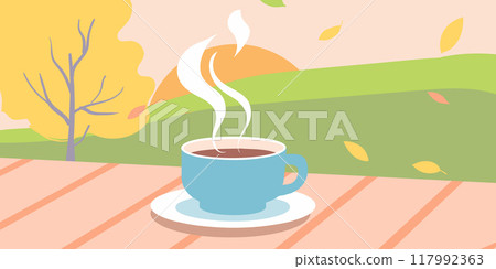 A simple and clean vector illustration depicting a steaming cup of coffee placed on a terrace, with a beautiful autumn landscape in the background. A simple and clean vector illustration depicting a steaming cup of coffee placed on a terrace, with a beautiful autumn landscape in the background. 117992363