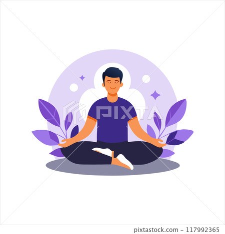 A serene vector illustration of a man meditating in a lotus pose, surrounded by leaves and the yin-yang symbol. Perfect for themes of mindfulness, yoga, and inner peace. 117992365