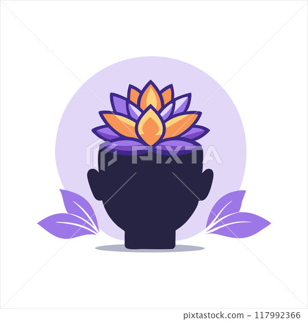 A vector illustration depicting a head silhouette adorned with a lotus flower and leaves, symbolizing harmony and mental balance. Ideal for designs related to spirituality, wellness, and mindfulness. 117992366