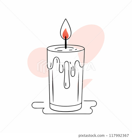 A simple and elegant vector illustration of a burning candle with dripping wax. The clean lines and minimalist style make it perfect for design projects and digital media... 117992367