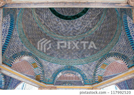 Arabic mosaic tile details on al-Aqsa mosque, Dome of the Rock Arabic mosaic tile details on al-Aqsa mosque, Dome of the Rock 117992520