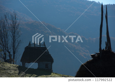 Mountain homestead in the autumn. Countryside thatched roof houses, barn 117992522
