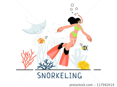Snorkeling Adventure Vector Illustration featuring Underwater Swimming, Exploring the Sea, Coral Reefs, and Fish in a Flat Style Cartoon Background 117992619