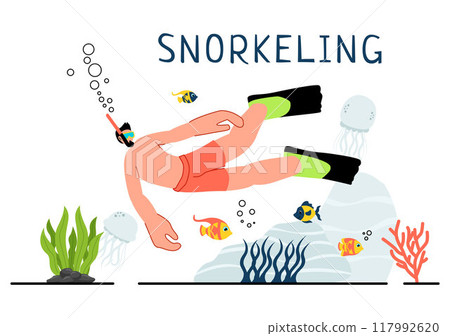 Snorkeling Adventure Vector Illustration featuring Underwater Swimming, Exploring the Sea, Coral Reefs, and Fish in a Flat Style Cartoon Background Snorkeling Adventure Vector Illustration featuring Underwater Swimming, Exploring the Sea, Coral Reefs, and Fish in a Flat Style Cartoon Background 117992620