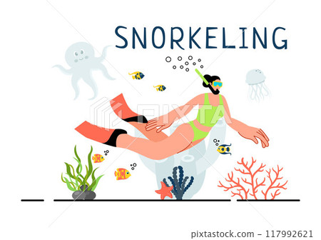 Snorkeling Adventure Vector Illustration featuring Underwater Swimming, Exploring the Sea, Coral Reefs, and Fish in a Flat Style Cartoon Background 117992621