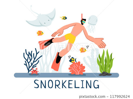 Snorkeling Adventure Vector Illustration featuring Underwater Swimming, Exploring the Sea, Coral Reefs, and Fish in a Flat Style Cartoon Background Snorkeling Adventure Vector Illustration featuring Underwater Swimming, Exploring the Sea, Coral Reefs, and Fish in a Flat Style Cartoon Background 117992624