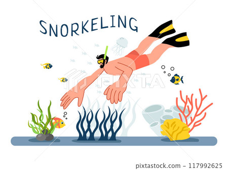 Snorkeling Adventure Vector Illustration featuring Underwater Swimming, Exploring the Sea, Coral Reefs, and Fish in a Flat Style Cartoon Background 117992625