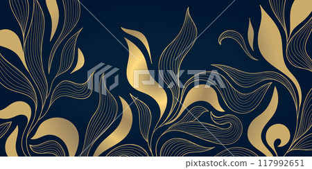 Vector art deco luxury leaves line pattern, golden background. Hand drawn florals for packaging, social media post, cover, banner, creative post and wall arts. Japanese style Vector art deco luxury leaves line pattern, golden background. Hand drawn florals for packaging, social media post, cover, banner, creative post and wall arts. Japanese style 117992651