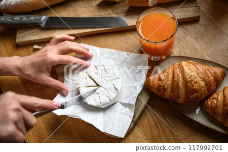 French breakfast with croissants and brie cheese French breakfast with croissants and brie cheese 117992701