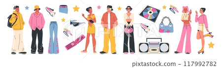 Fashionable vector set with girls and boys in stylish clothes and with Y2K technology 117992782