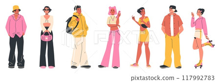 Young people vector set, Y2K trendy style fashion, glamour POP culture 00s street style outfit teenager clothes isolated Young people vector set, Y2K trendy style fashion, glamour POP culture 00s street style outfit teenager clothes isolated 117992783
