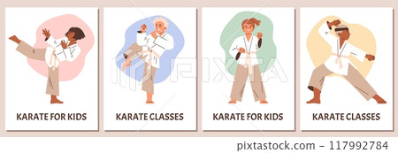 Vector illustration showing boys and girls in a fighting pose demonstrating karate martial art skills 117992784