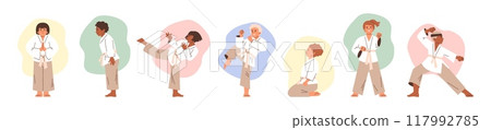 Set of vector illustrations boys and girls in kimonos in various poses, demonstrating karate skills 117992785