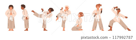 Kids wearing kimono and white belt, karate training practice vector flat illustration set, children poses in martial art Kids wearing kimono and white belt, karate training practice vector flat illustration set, children poses in martial art 117992787