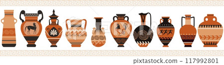 Ancient Greece amphoras with pattern vector set, antique various shapes vase, vintage pitcher museum exhibits collection 117992801