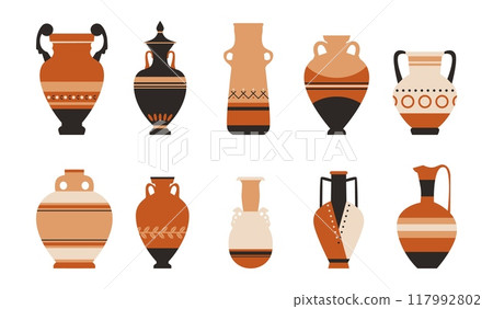 A vector set of decorative amphorae, jugs with classical Greek patterns in a flat style 117992802