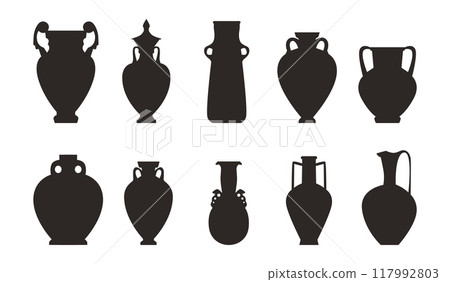 Ancient Greece amphora vector black silhouette set, Roman old clay jug, retro vase with handles, vintage pitcher pottery 117992803