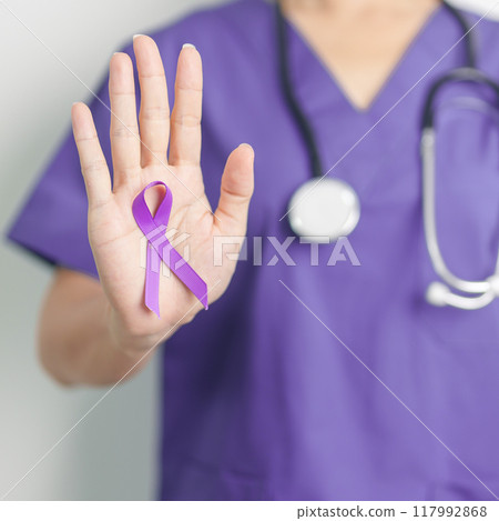 Doctor holding purple Ribbon for Violence, Pancreatic, Esophageal, Testicular cancer, Alzheimer, epilepsy, lupus, Sarcoidosis and Fibromyalgia. Awareness month and World cancer day concept 117992868