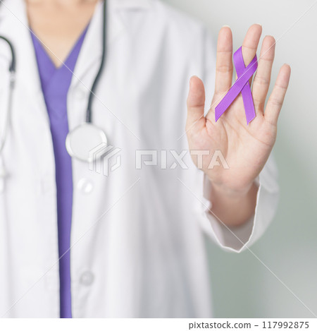 Doctor holding purple Ribbon for Violence, Pancreatic, Esophageal, Testicular cancer, Alzheimer, epilepsy, lupus, Sarcoidosis and Fibromyalgia. Awareness month and World cancer day concept 117992875