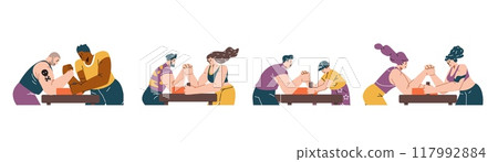 Arm wrestling competition game, young women and men playing arm wrestling on the table vector set, sport power battle 117992884