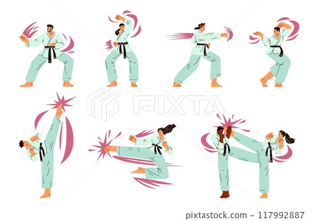 Collection of characters doing karate. Flat style, isolated background. 117992887