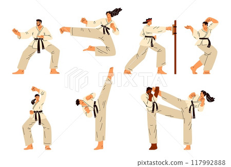 Karate women and men fighters in kimono and black belt training vector flat set isolated, Japanese martial art training Karate women and men fighters in kimono and black belt training vector flat set isolated, Japanese martial art training 117992888