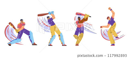 Batsman and bowler playing cricket vector set, cartoon championship sport game, cricket players in uniform with bat, ball 117992893