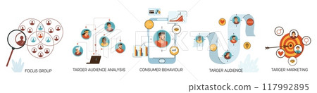 Target audience analysis, consumer behaviour, focus group, target marketing vector set, cartoon diversity people icons 117992895