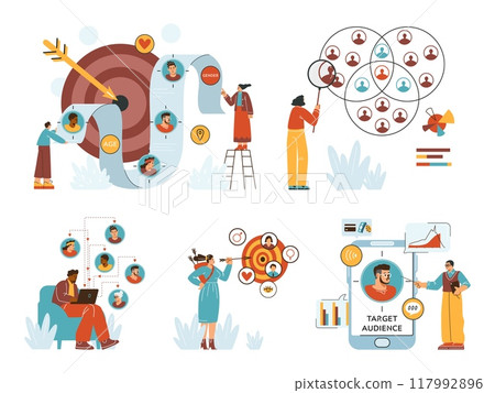 Target audience analysis, consumer behaviour, focus group, target marketing cartoon vector set, diversity people icons 117992896