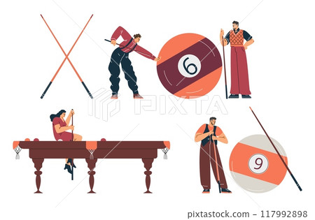 Miniature billiard players with giant billiards objects. Miniature billiard players with giant billiards objects. 117992898