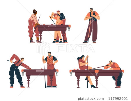 Billiards game competition vector flat set, players in pool room with cue aiming at billiard balls, hobby entertainment 117992901